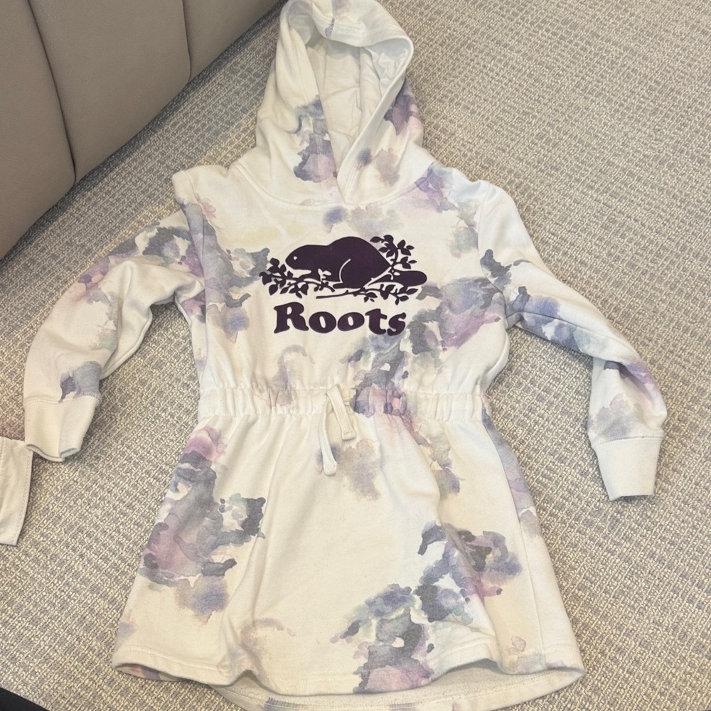 Roots Floral Hooded Sweatshirt Dress in Purple and White with cinched waist